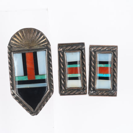 3/4" c1950 vintage Zuni sterling silver stone/shell inlay ranger belt buckle set