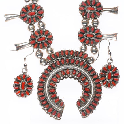 James Navajo reversible turquoise/coral sterling silver squash blossom necklace
