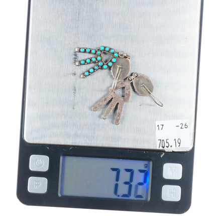 Vintage Zuni sterling silver snake eye turquoise blossom end dangle earrings