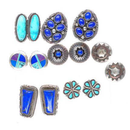 Vintage Navajo/Zuni sterling silver turquoise/lapis earrings lot cluster/inlay