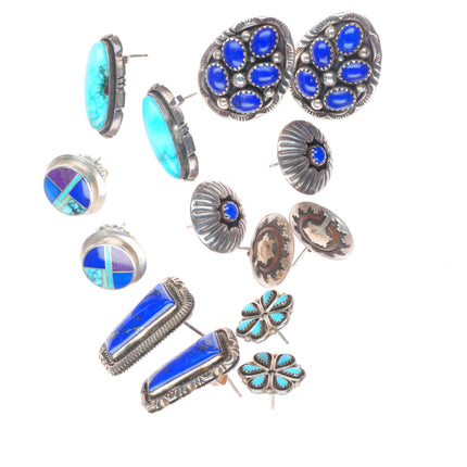 Vintage Navajo/Zuni sterling silver turquoise/lapis earrings lot cluster/inlay
