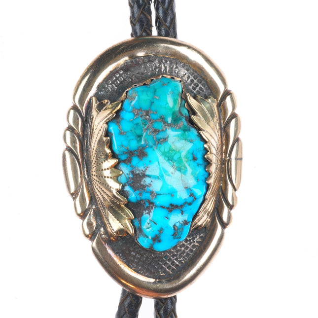 Robert and Bernice Leekya Zuni 14k gold/Sterling silver turquoise bolo tie