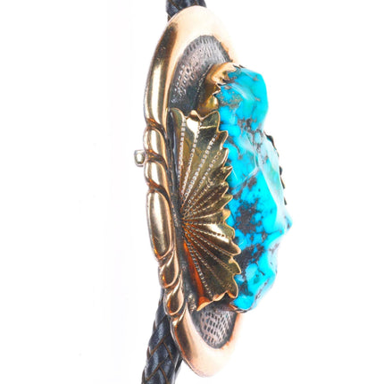 Robert and Bernice Leekya Zuni 14k gold/Sterling silver turquoise bolo tie