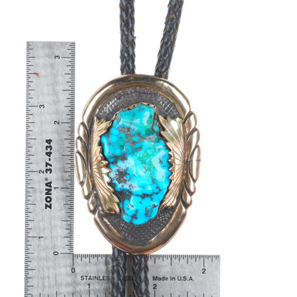 Robert and Bernice Leekya Zuni 14k gold/Sterling silver turquoise bolo tie
