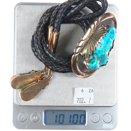 Robert and Bernice Leekya Zuni 14k gold/Sterling silver turquoise bolo tie