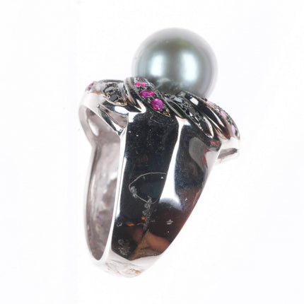 sz5 14k white gold, 10.5mm pearl, black diamond, rubies cocktail ring