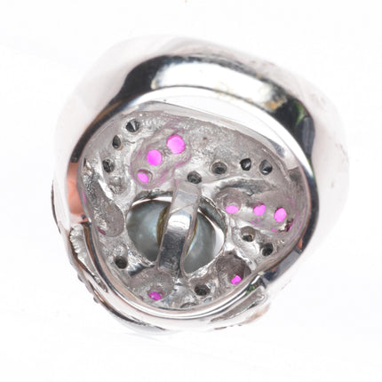 sz5 14k white gold, 10.5mm pearl, black diamond, rubies cocktail ring