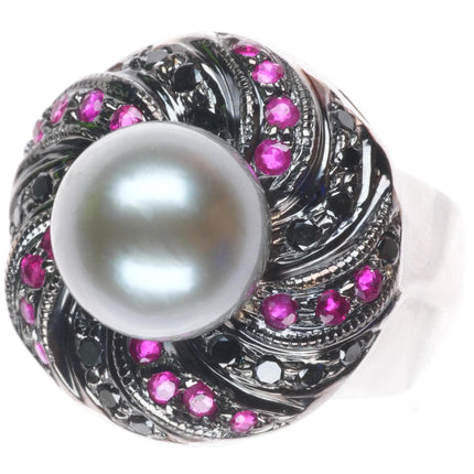 sz5 14k white gold, 10.5mm pearl, black diamond, rubies cocktail ring