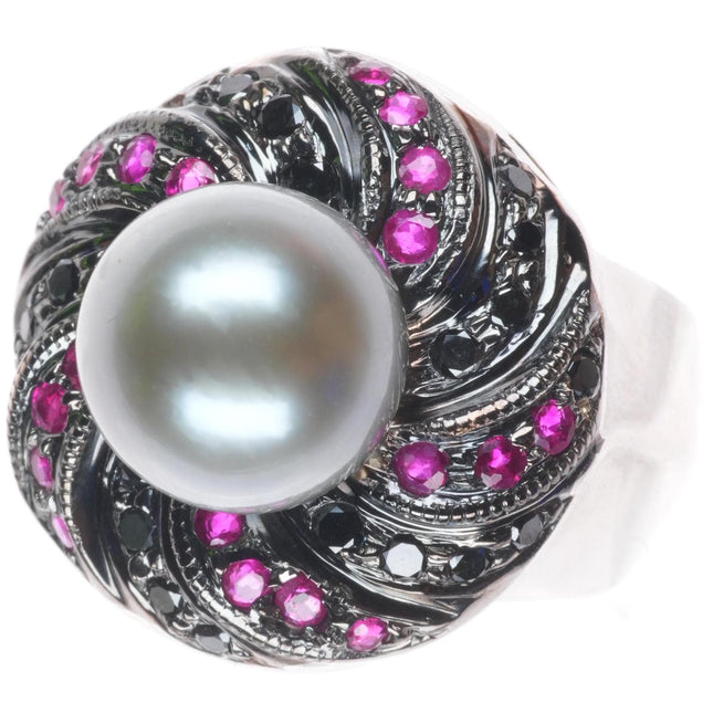 sz5 14k white gold, 10.5mm pearl, black diamond, rubies cocktail ring