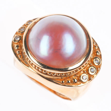 sz5 14k yellow gold pink Mabe pearl and diamond cocktail ring