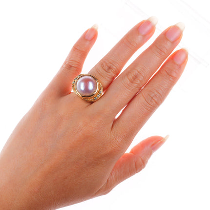 sz5 14k yellow gold pink Mabe pearl and diamond cocktail ring