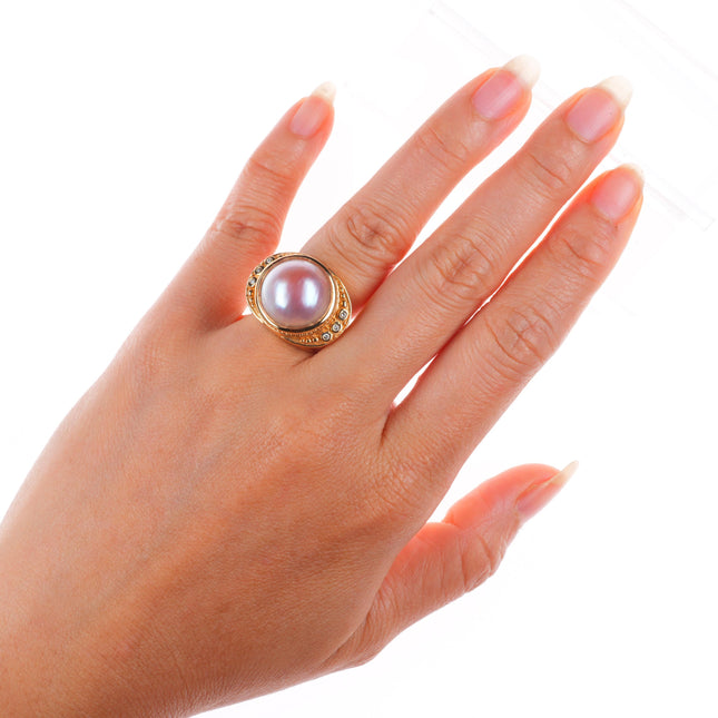 sz5 14k yellow gold pink Mabe pearl and diamond cocktail ring