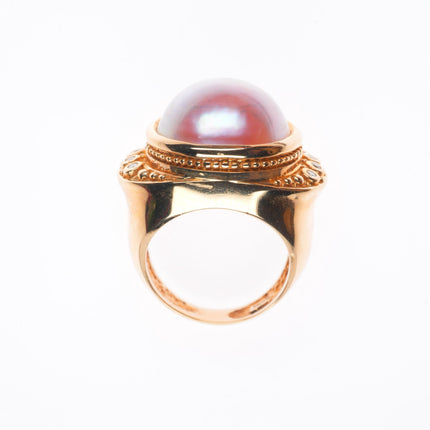 sz5 14k yellow gold pink Mabe pearl and diamond cocktail ring