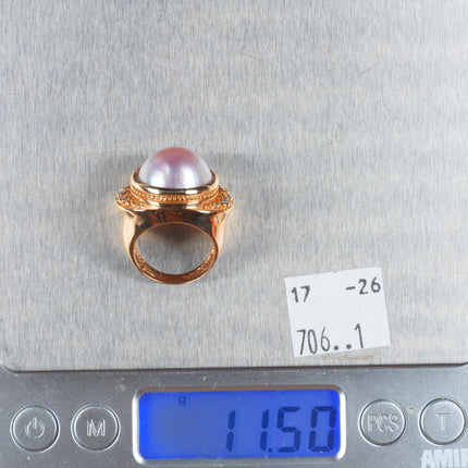 sz5 14k yellow gold pink Mabe pearl and diamond cocktail ring