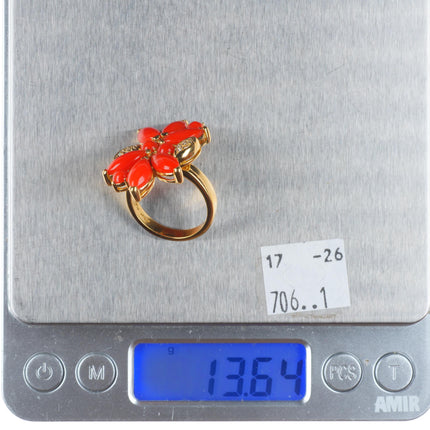 sz8 Danoir 18k yellow gold Diamond, Mediterranean Coral floriform cocktail ring