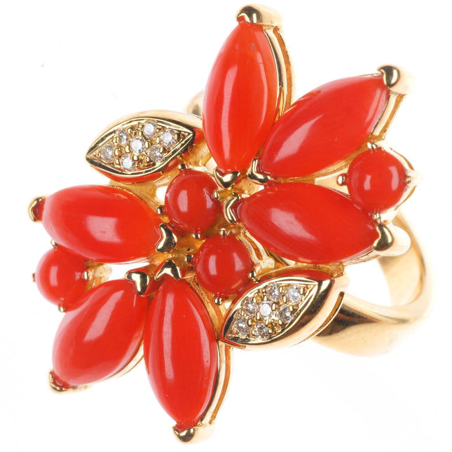 sz8 Danoir 18k yellow gold Diamond, Mediterranean Coral floriform cocktail ring
