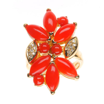 sz8 Danoir 18k yellow gold Diamond, Mediterranean Coral floriform cocktail ring
