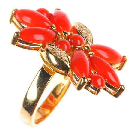 sz8 Danoir 18k yellow gold Diamond, Mediterranean Coral floriform cocktail ring