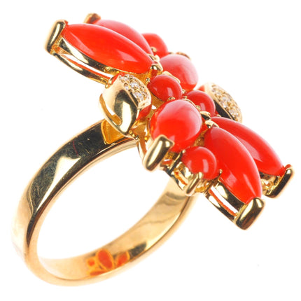 sz8 Danoir 18k yellow gold Diamond, Mediterranean Coral floriform cocktail ring