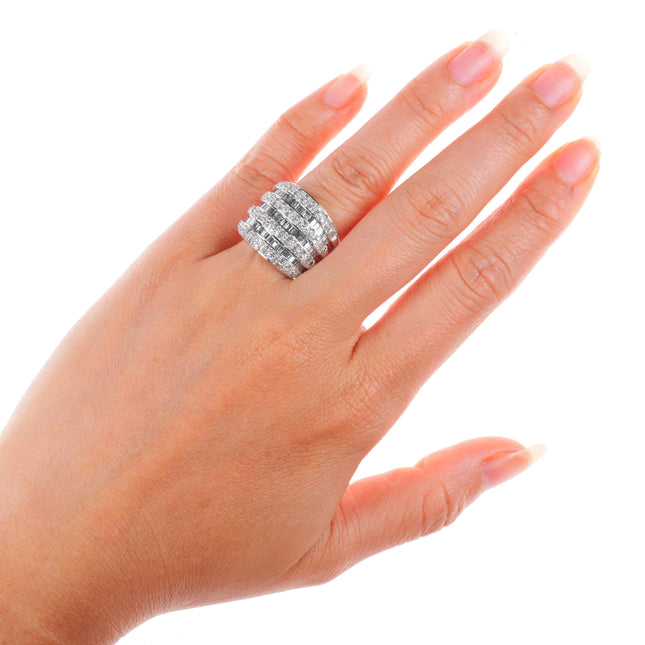 sz6 14k white gold baguette and round cut Diamond wide band ring