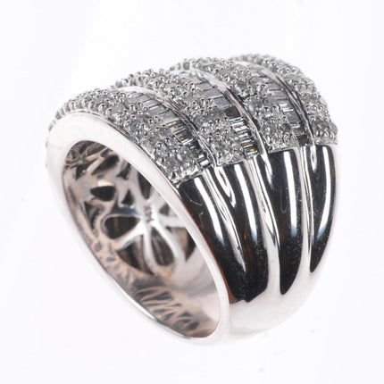 sz6 14k white gold baguette and round cut Diamond wide band ring
