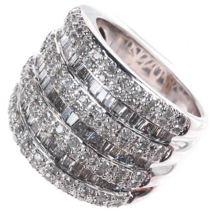sz6 14k white gold baguette and round cut Diamond wide band ring