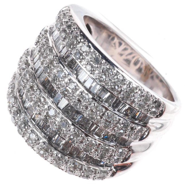 sz6 14k white gold baguette and round cut Diamond wide band ring
