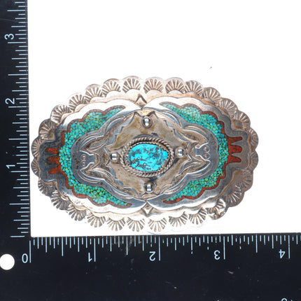 1.5" vintage Navajo sterling silver chip inlay turquoise peyote bird belt buckle