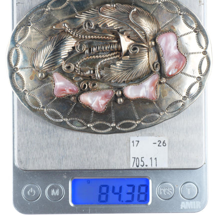 1.75" vintage Navajo Alpaca pink shell/mother of pearl belt buckle