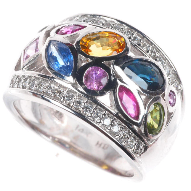sz5 14K White Gold Multi Sapphire and Diamond Watercolors Ring