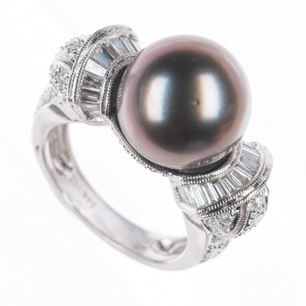 sz5 14K White Gold Samuel Behnam baguette Diamond ring with large Tahitian pearl