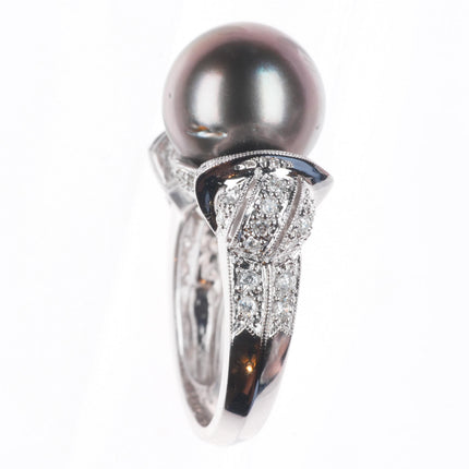 sz5 14K White Gold Samuel Behnam baguette Diamond ring with large Tahitian pearl
