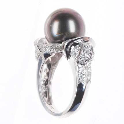 sz5 14K White Gold Samuel Behnam baguette Diamond ring with large Tahitian pearl
