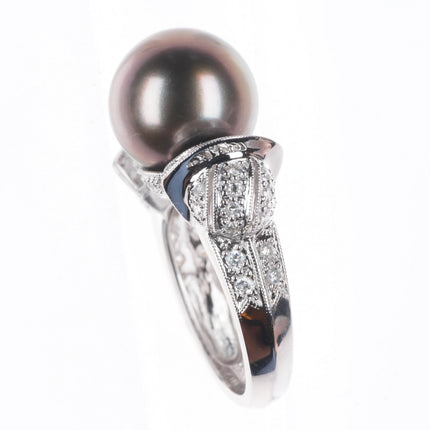 sz5 14K White Gold Samuel Behnam baguette Diamond ring with large Tahitian pearl