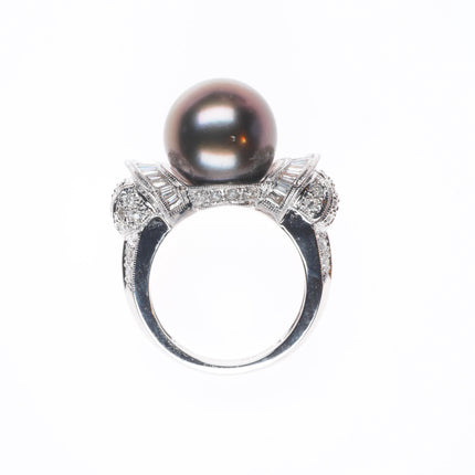 sz5 14K White Gold Samuel Behnam baguette Diamond ring with large Tahitian pearl