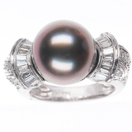 sz5 14K White Gold Samuel Behnam baguette Diamond ring with large Tahitian pearl