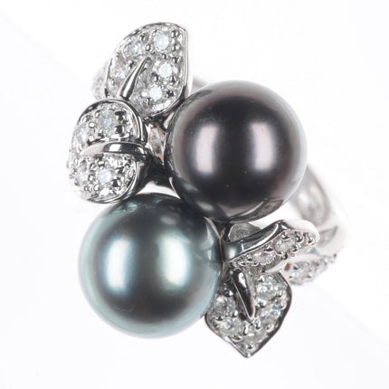 sz5  14k white gold, Diamond, Tahitian pearl cocktail ring