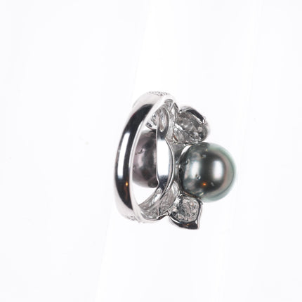 sz5  14k white gold, Diamond, Tahitian pearl cocktail ring