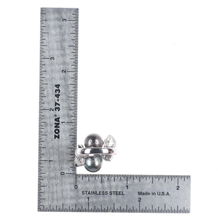 sz5  14k white gold, Diamond, Tahitian pearl cocktail ring
