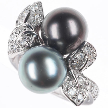 sz5  14k white gold, Diamond, Tahitian pearl cocktail ring