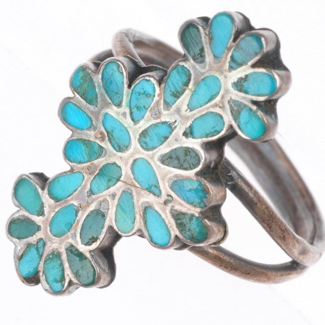sz5 c1940's Dishta Zuni sterling silver flush inlay turquoise size 5 ring