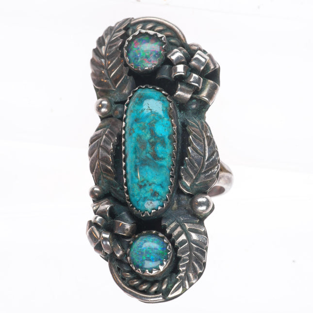 sz8 vintage Navajo sterling silver opal/ high grade turquoise size 8 ring NRB