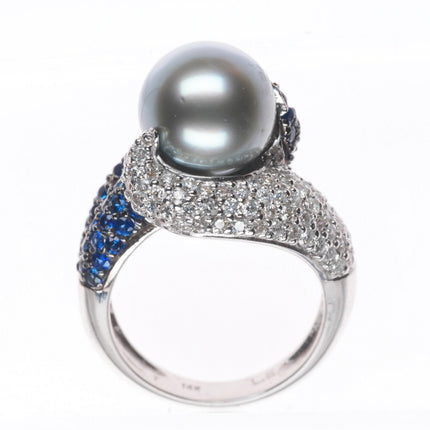 sz5.25  14k white gold, Diamond, Sapphire,  Tahitian pearl cocktail ring