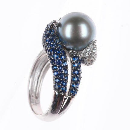 sz5.25  14k white gold, Diamond, Sapphire,  Tahitian pearl cocktail ring