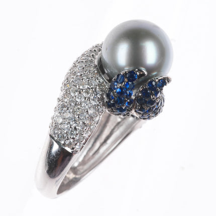 sz5.25  14k white gold, Diamond, Sapphire,  Tahitian pearl cocktail ring