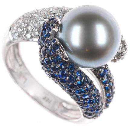 sz5.25  14k white gold, Diamond, Sapphire,  Tahitian pearl cocktail ring