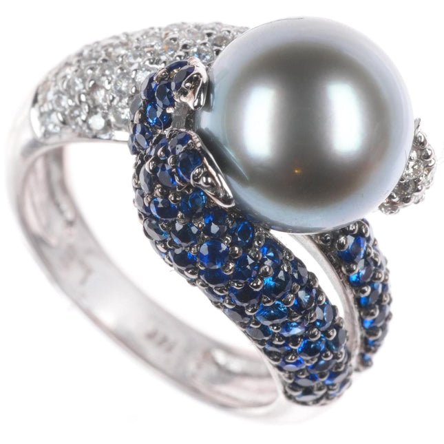 sz5.25  14k white gold, Diamond, Sapphire,  Tahitian pearl cocktail ring