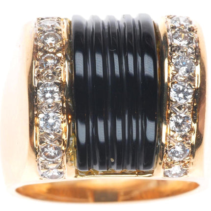 sz5 14k yellow gold 2cttw diamond carved banded Onyx Art Deco style ring