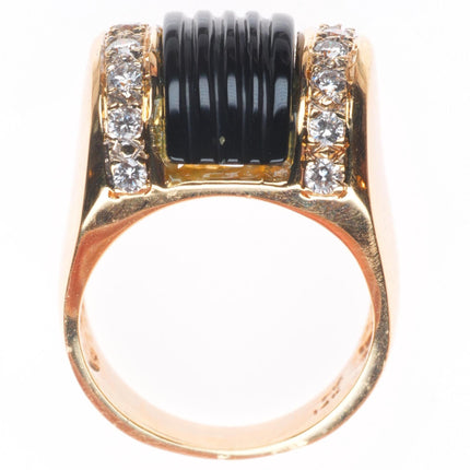sz5 14k yellow gold 2cttw diamond carved banded Onyx Art Deco style ring