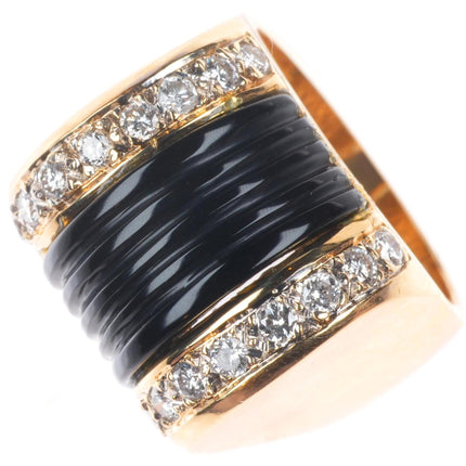 sz5 14k yellow gold 2cttw diamond carved banded Onyx Art Deco style ring